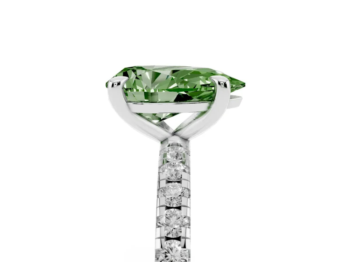 Fancy Green Pear Cut Diamond Brilliant Solitaire Ring with Pavé Band and Four-Prong Setting White gold