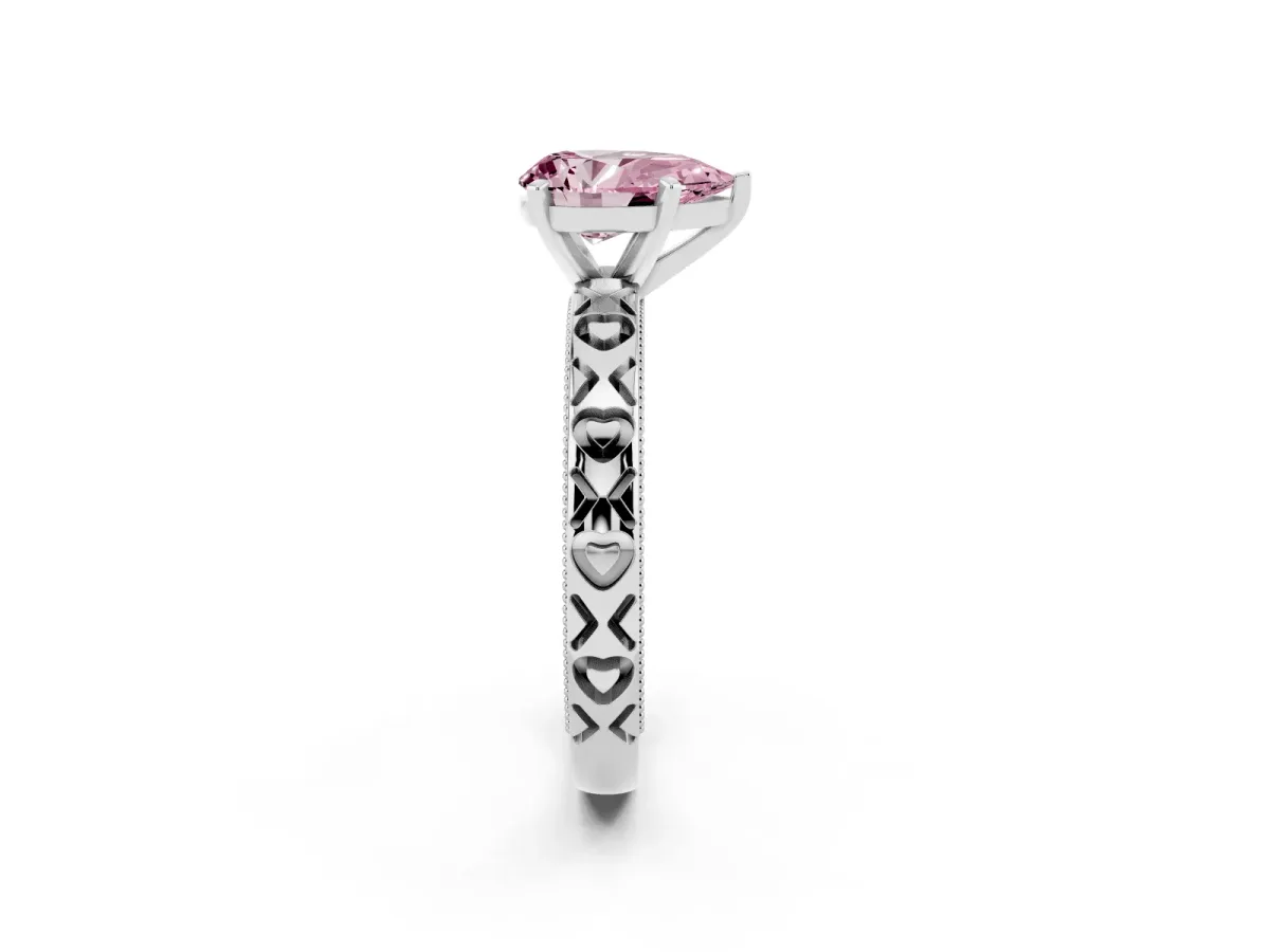Fancy Pink Pear Cut Solitaire Diamond Engagement Ring with XO Engraved Band and Four-Prong Setting White gold