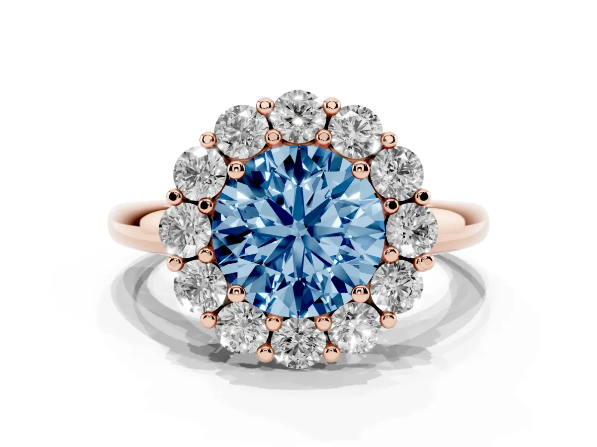 Fancy Blue Round Cut Halo Cluster Diamond Engagement Ring with Prong Setting and Polished Band Rose gold