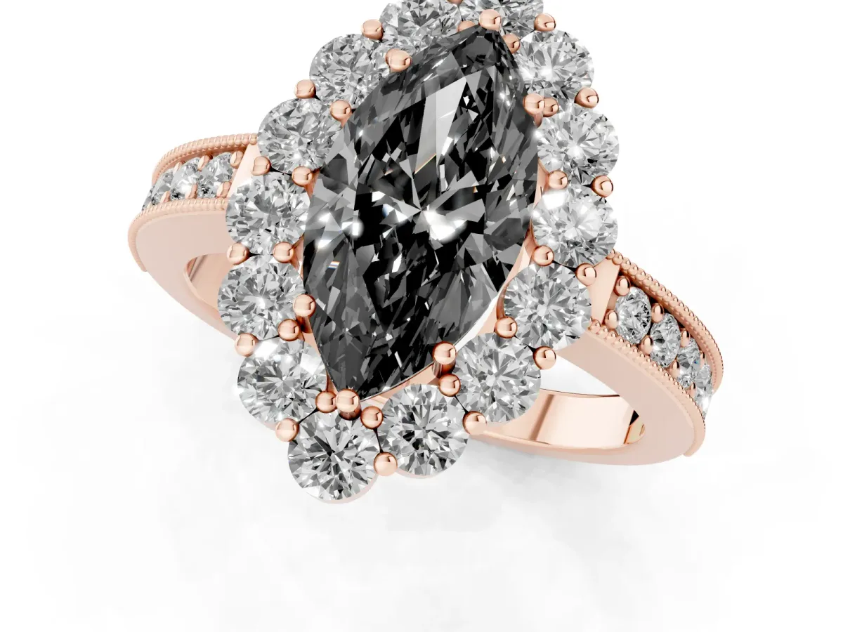 Fancy Black Marquise Cut Cut Halo Diamond Pavé Engagement Ring with Milgrain Detailing Rose gold