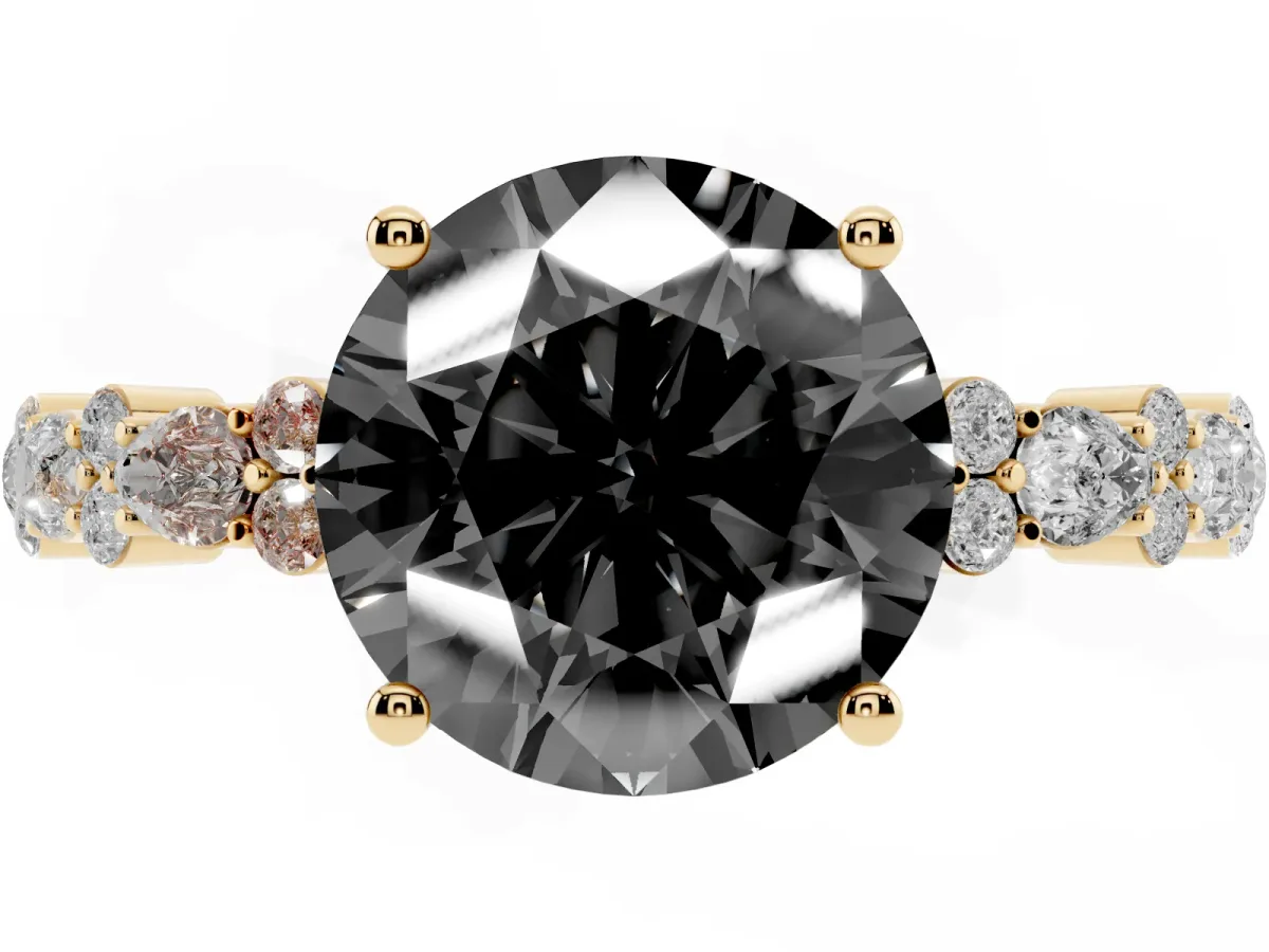 Fancy Black Round Cut Diamond Side Stone Solitaire Ring with Round and Four-Prong Setting Yellow gold