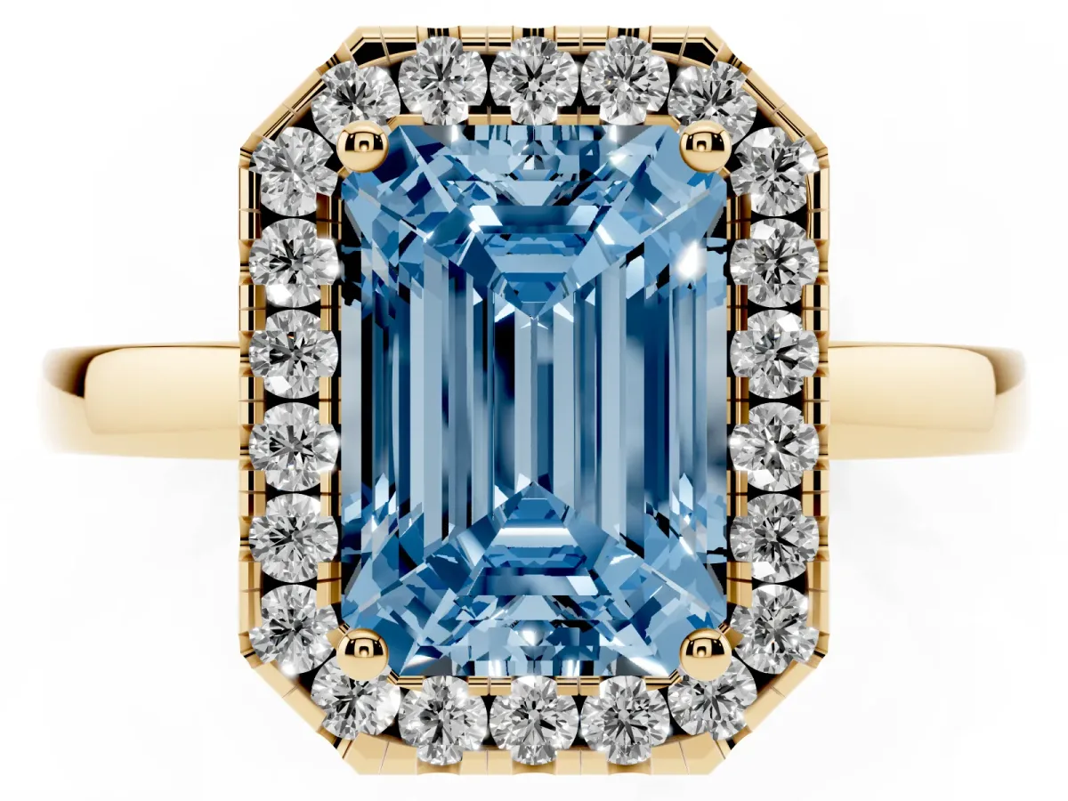 Fancy Blue Emerald Cut Halo Diamond Solitaire with Pavé Band and Four-Prong Setting Yellow gold