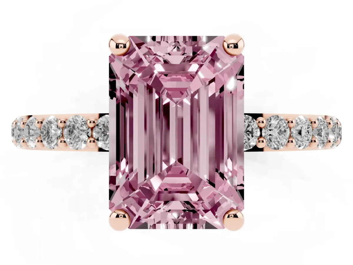 Fancy Pink Emerald Cut Diamond Solitaire Ring with Round Pavé Band and Prong Setting Rose gold