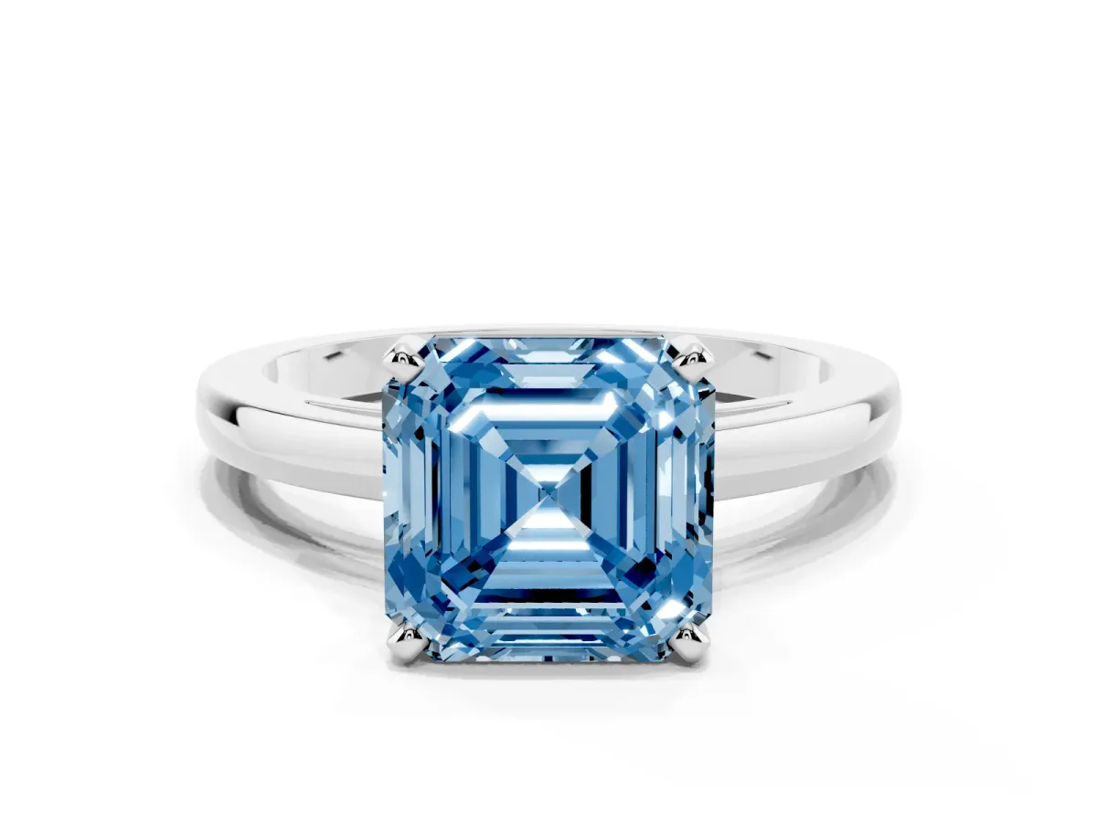 Fancy Blue Asscher Cut Solitaire Diamond Engagement Ring with Four-Prong Setting on a Classic Band Silver