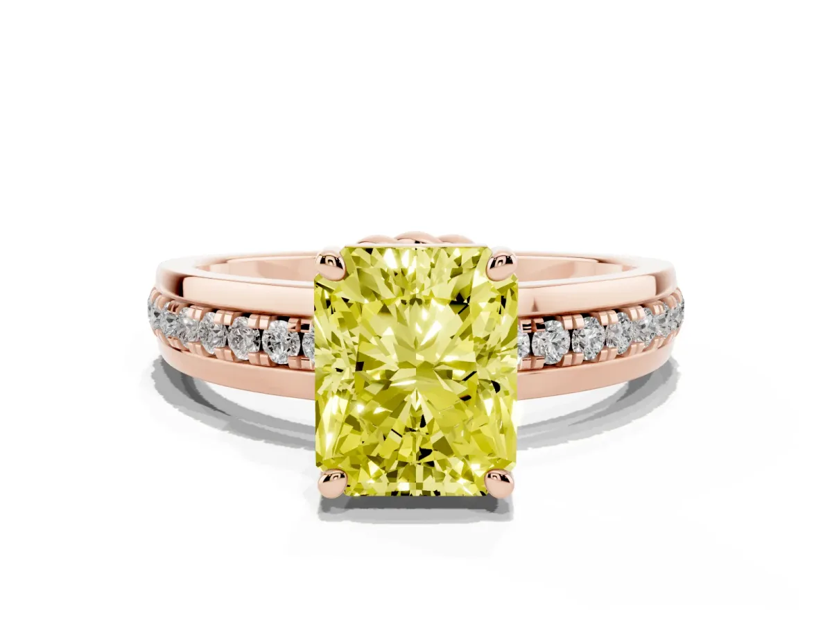 Fancy Yellow Radiant Cut Solitaire Diamond Ring with Channel Set Band and Six-Prong Setting Rose gold