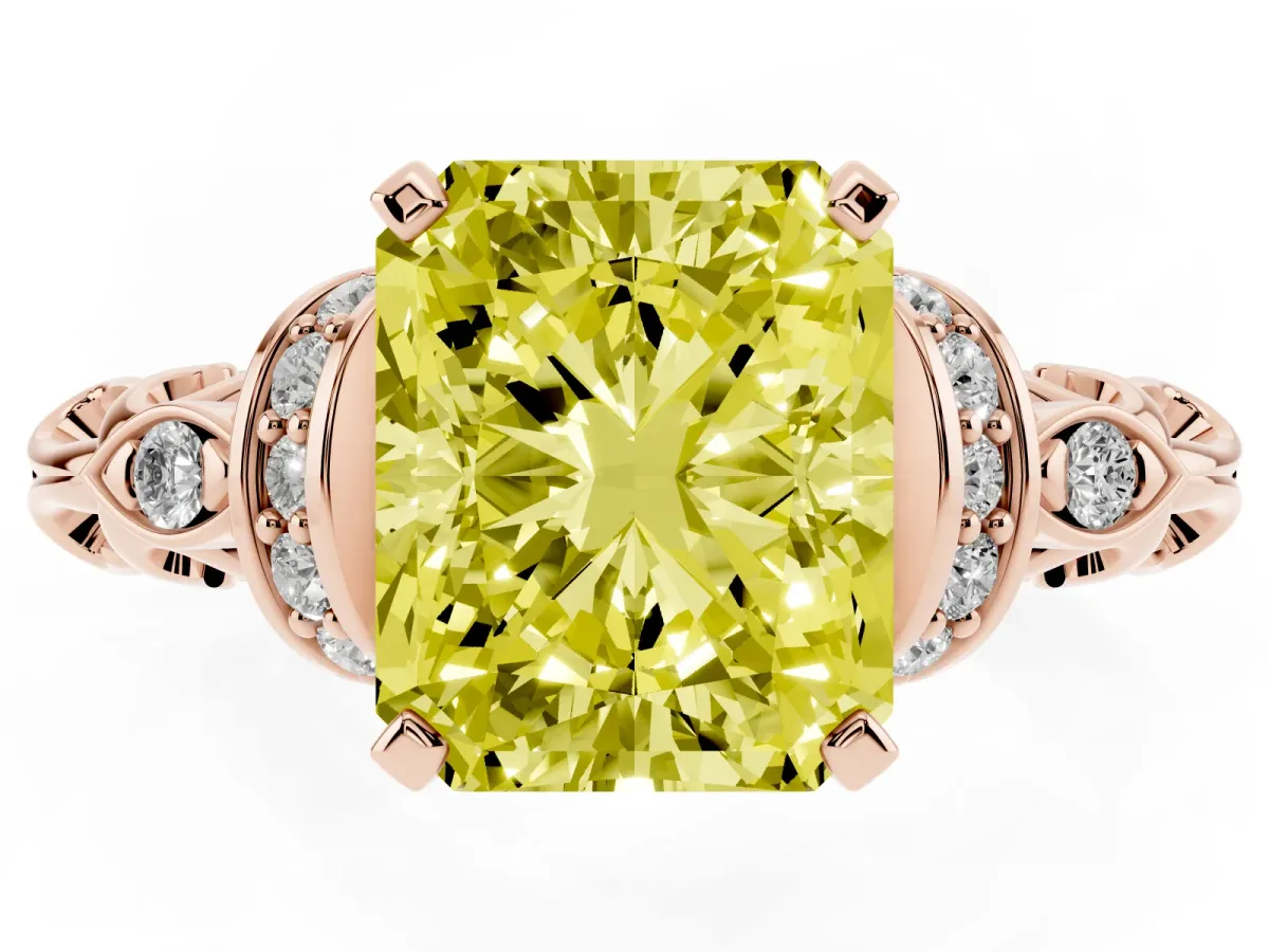 Fancy Yellow Radiant Cut Diamond Solitaire Ring with Filigree Band and Four-Prong Setting Rose gold