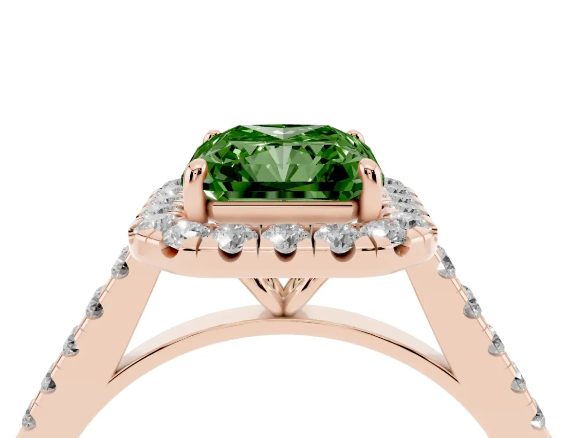 Fancy Green Radiant Cut Halo Pave Diamond Engagement Ring with Four-Prong Setting Rose gold