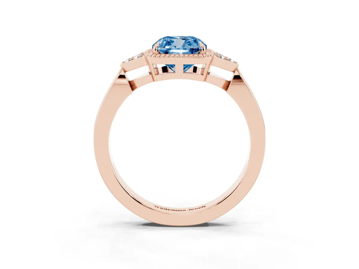 Fancy Blue Cushion Cut Diamond Halo Ring with Tapered Band and Four-Prong Setting Rose gold
