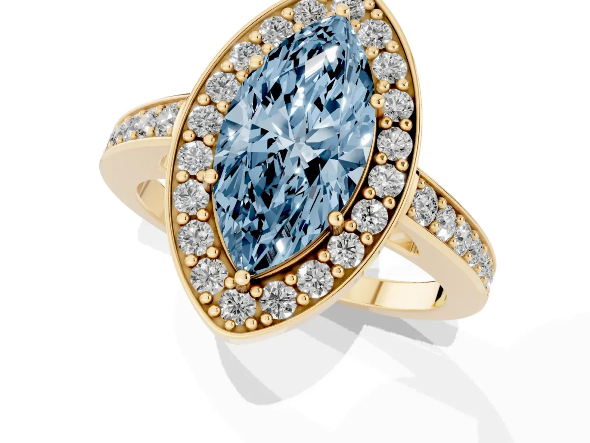 Fancy Blue Marquise Cut Halo Pavé Diamond Engagement Ring with Bezel Setting Yellow gold