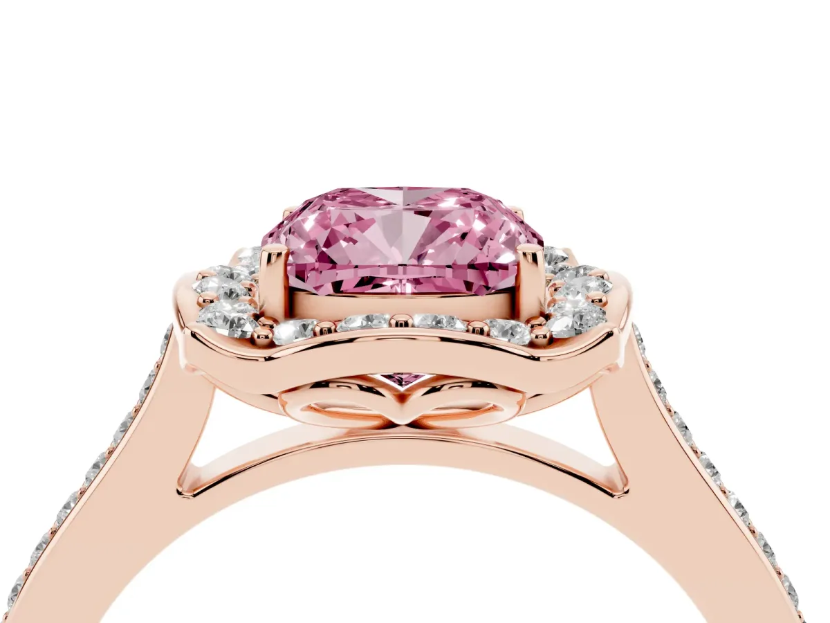 Fancy Pink Cushion Cut Halo Round Diamond Pave Band with Four-Prong Setting Rose gold