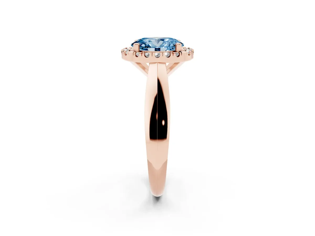 Fancy Blue Oval Cut Cut Halo Solitaire Engagement Ring with Square Band and Four-Prong Setting Rose gold