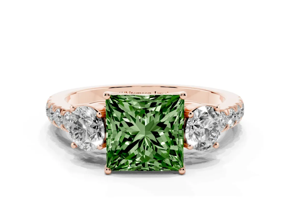 Fancy Green Princess Cut Cut Diamond Three-Stone Ring with Round Side Stones and Pavé Band Rose gold