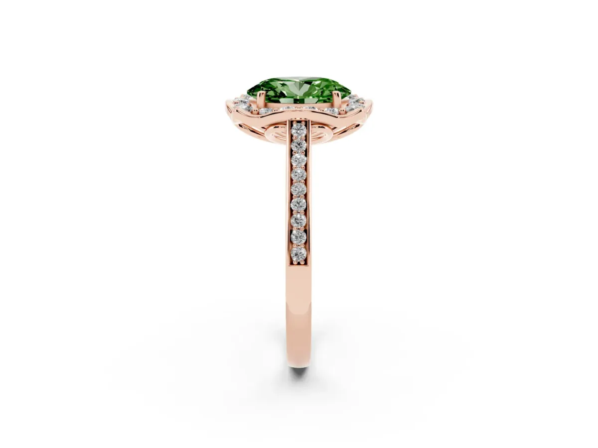 Fancy Green Oval Cut Halo Round Diamond Pave Band with Four-Prong Setting Rose gold