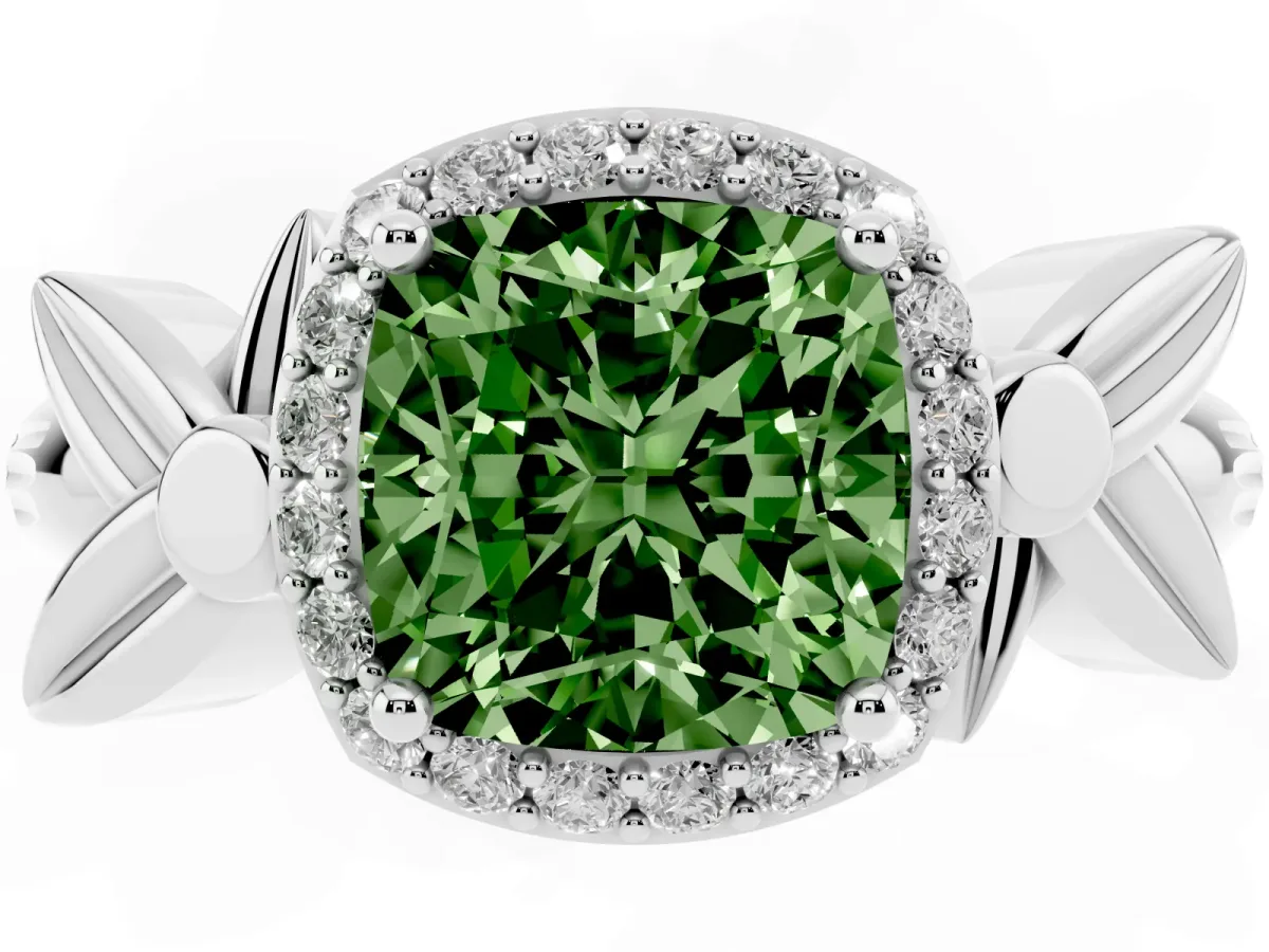 Fancy Green Cushion Cut Halo Diamond Floral Band with Four-Prong Setting White gold