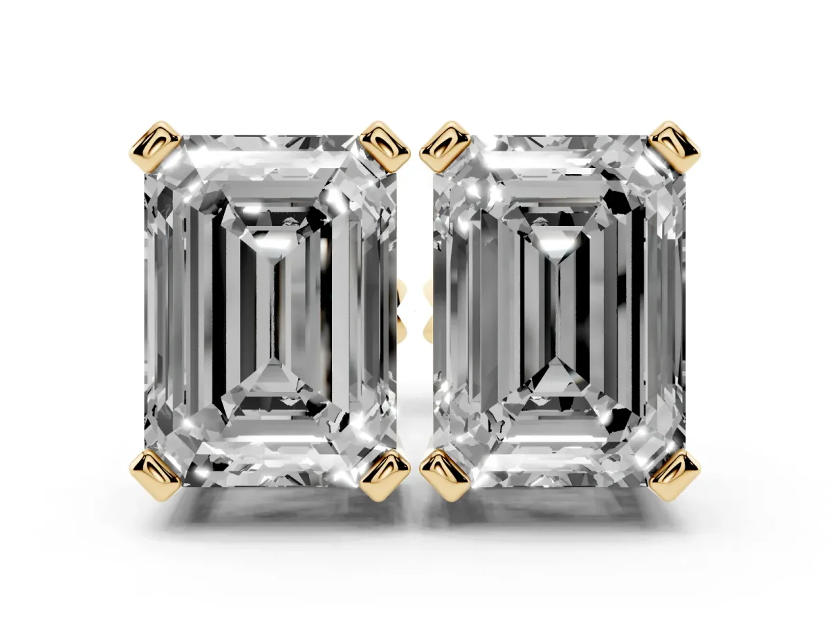 Emerald Cut Diamond Stud Earrings Yellow gold
