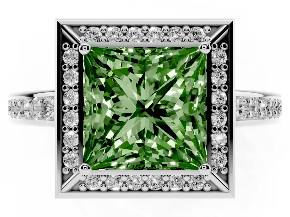 Fancy Green Princess Cut Cut Halo Pave Split Shank Prong Setting Ring Platinum