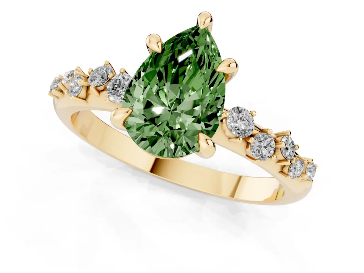 Fancy Green Pear Cut Cut Diamond Vine Band with Four-Prong Setting Yellow gold