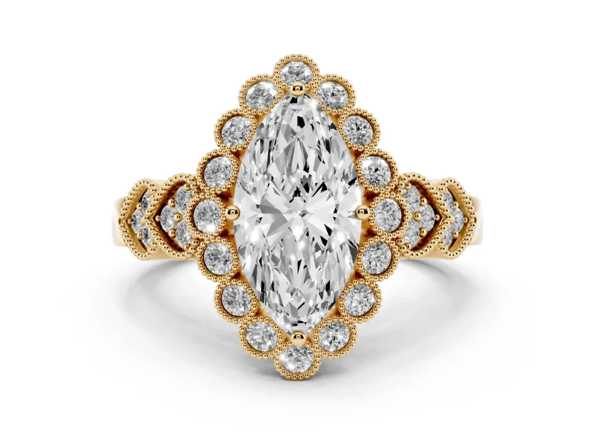 Marquise Cut Brilliant Milgrain Pave Heart Band Solitaire Ring Yellow gold