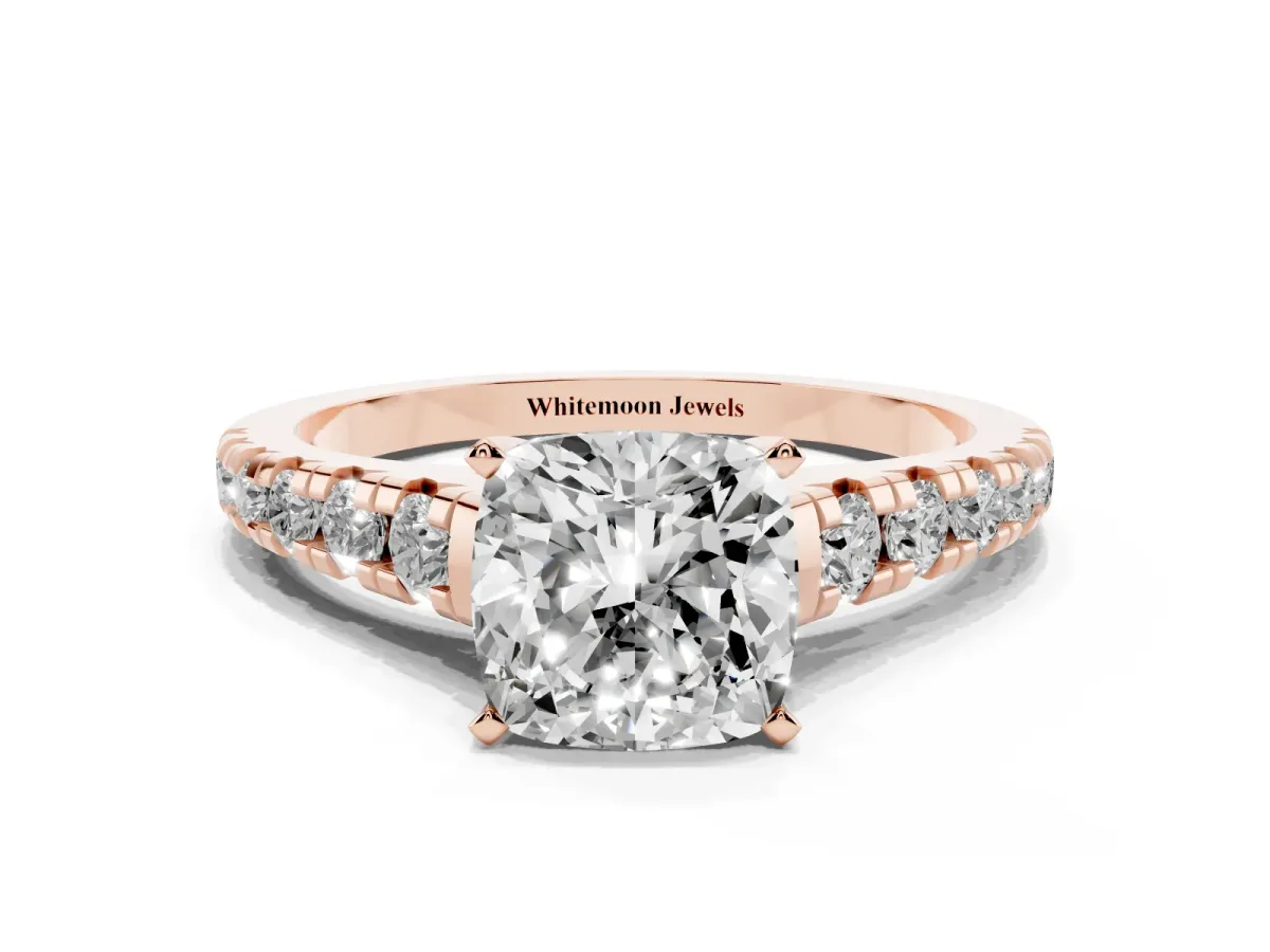 Cushion Cut Diamond Cathedral Solitaire Ring with Round Pavé Band Rose gold