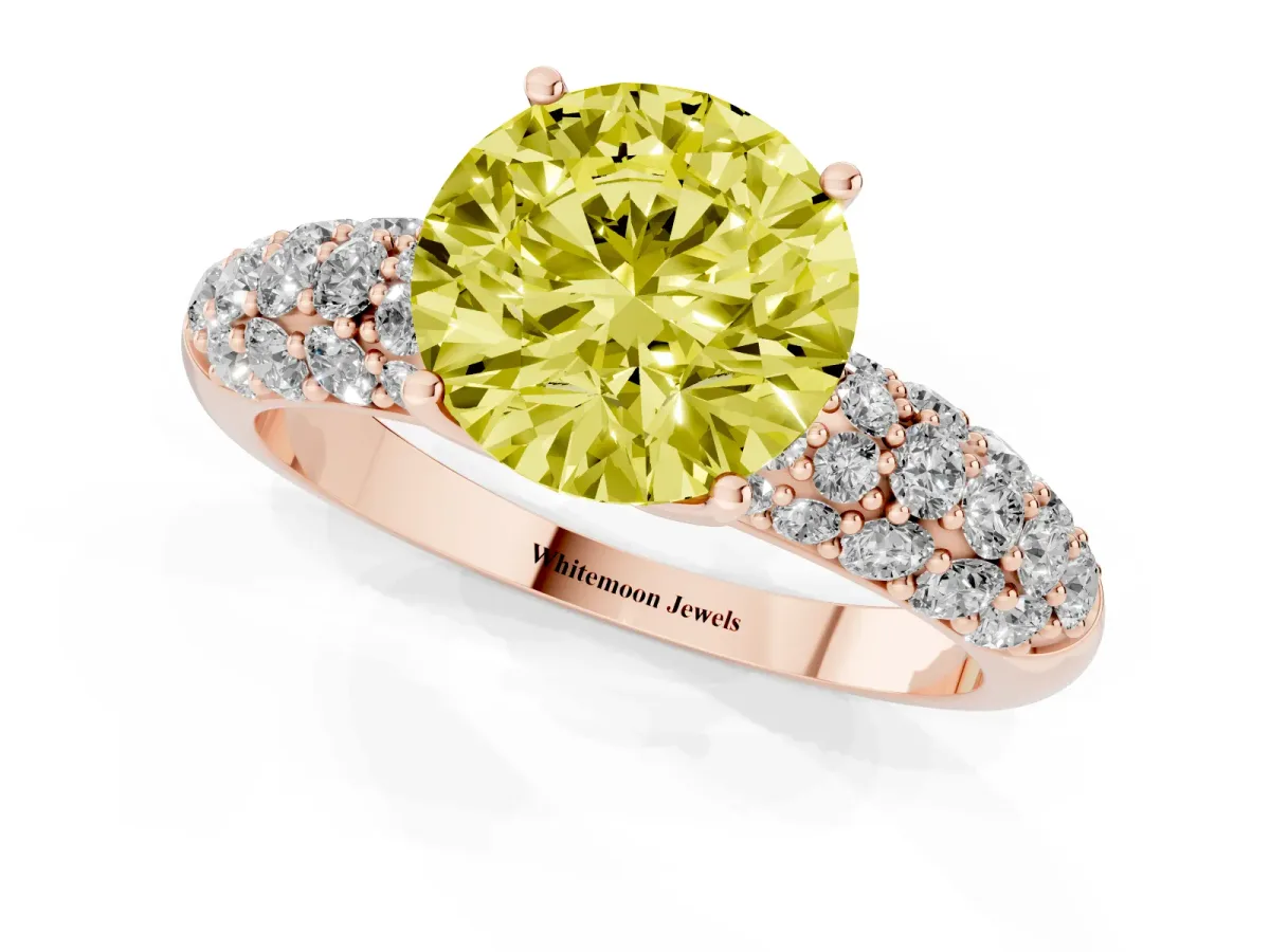 Fancy Yellow Round Cut Diamond Pavé Band Solitaire Ring with Four-Prong Setting Rose gold