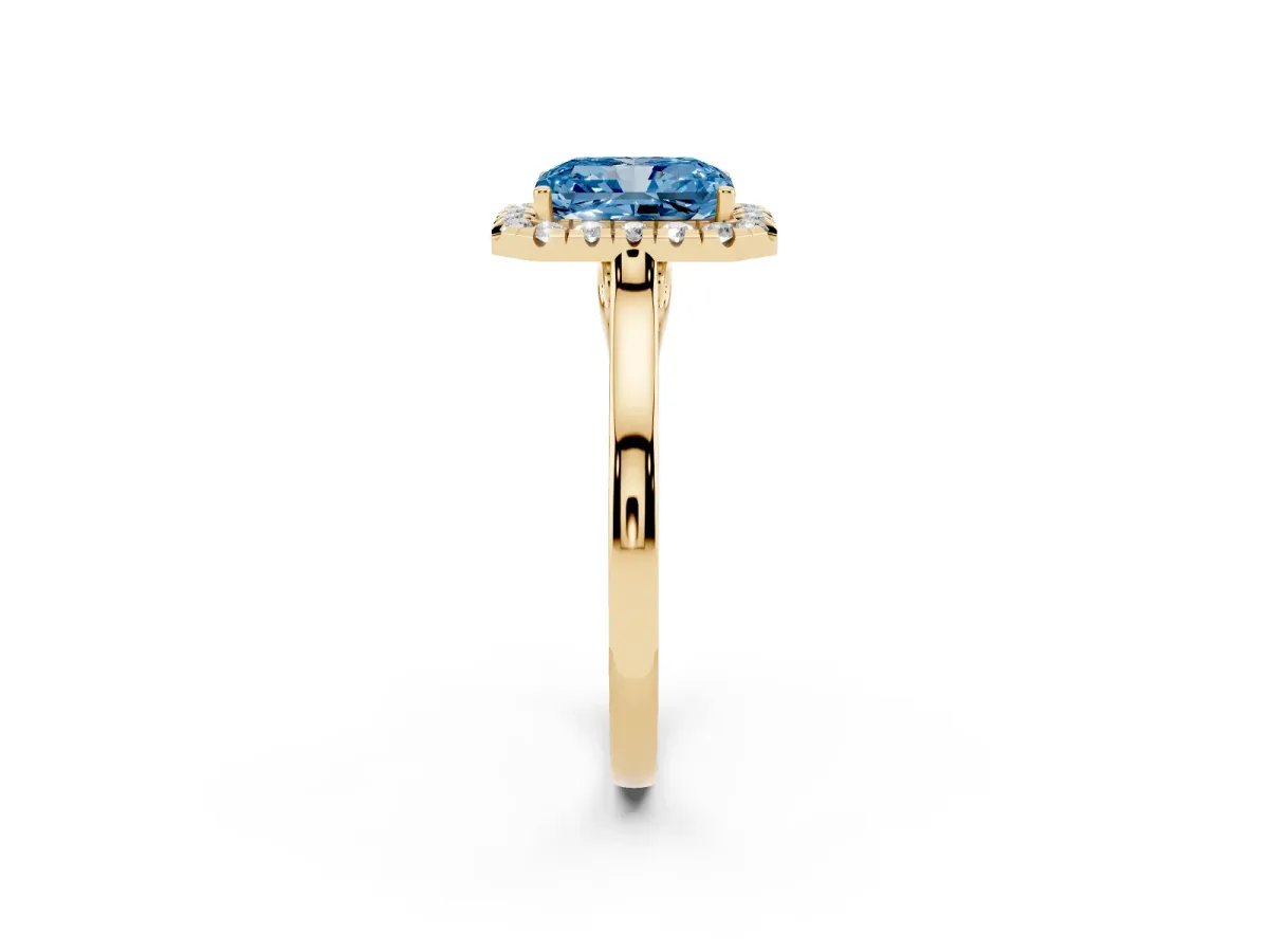 Fancy Blue Radiant Cut Halo Round Diamond Solitaire Ring with Pavé Band and Four-Prong Setting Yellow gold