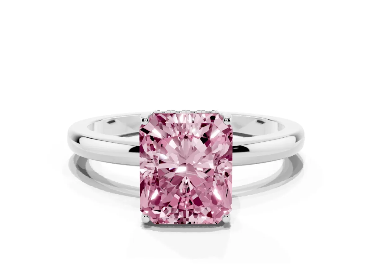 Fancy Pink Radiant Cut Solitaire Diamond Ring with Prong Setting and Plain Band Platinum