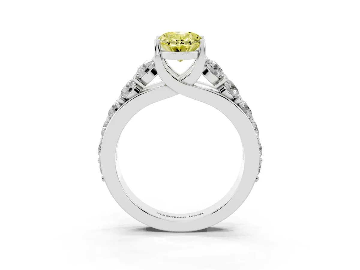 Fancy Yellow Oval Cut Diamond Engagement Ring with Pavé Band and Four-Prong Setting Silver