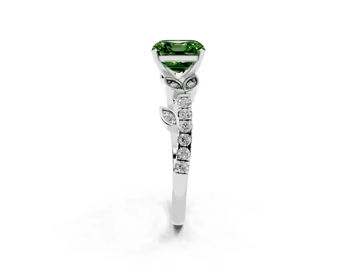 Fancy Green Asscher Cut Solitaire Leaf-Inspired Diamond Ring with Pavé Band and Four-Prong Setting Silver