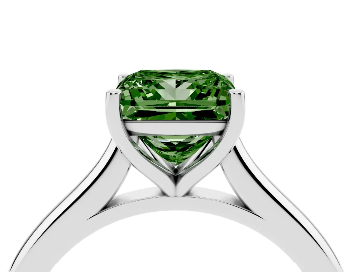 Fancy Green Princess Cut Cut Solitaire Ring with Cathedral Band and Four-Prong Setting Silver