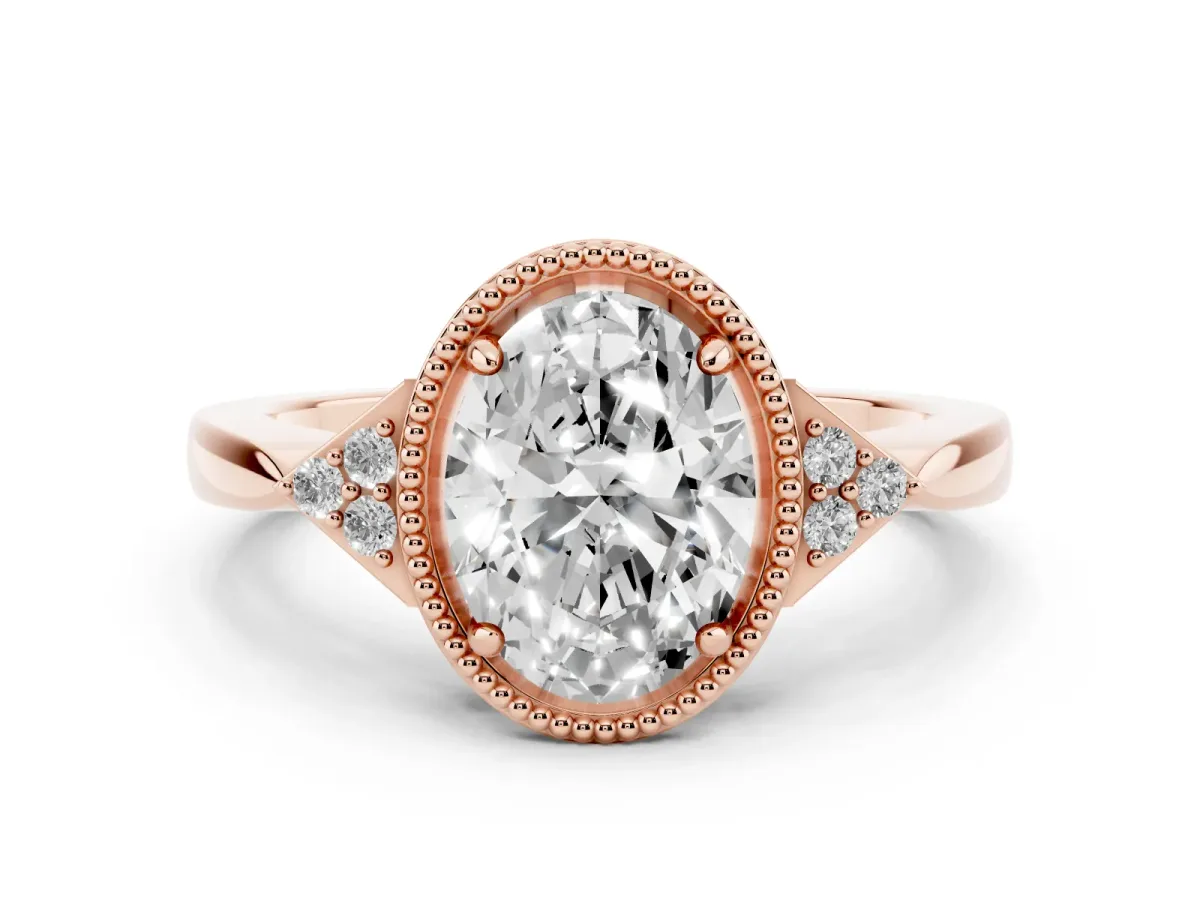 Oval Cut Diamond Halo Ring with Tapered Band and Four-Prong Setting Rose gold