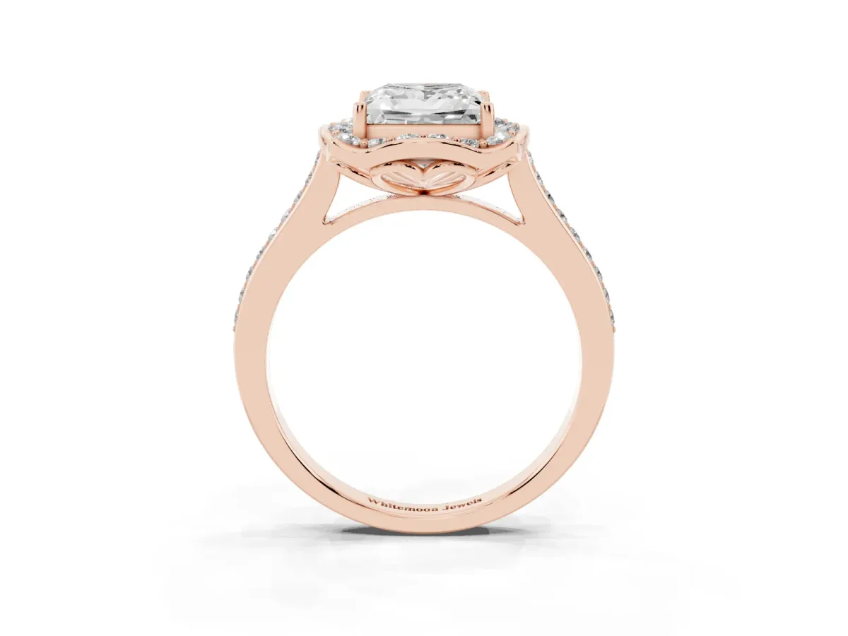 Princess Cut Halo Round Diamond Pave Band with Four-Prong Setting Rose gold
