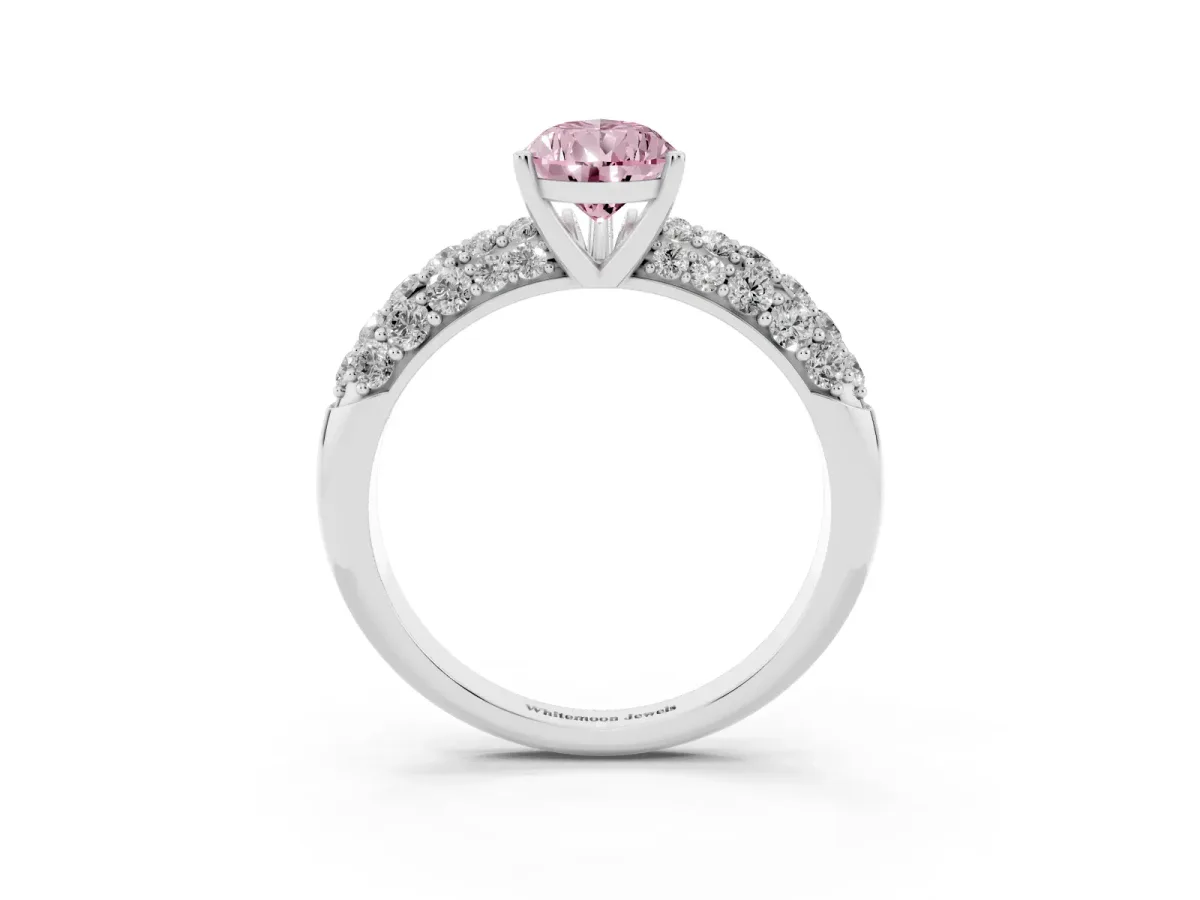 Fancy Pink Pear Cut Diamond Pavé Band Solitaire Ring with Four-Prong Setting Silver