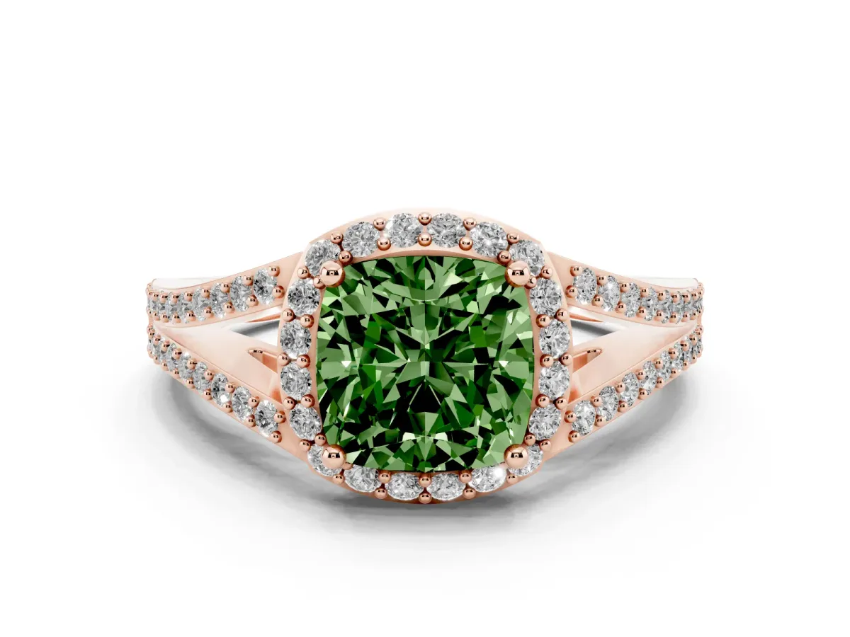 Fancy Green Cushion Cut Halo Split Shank Pave Diamond Ring with Four-Prong Setting Rose gold