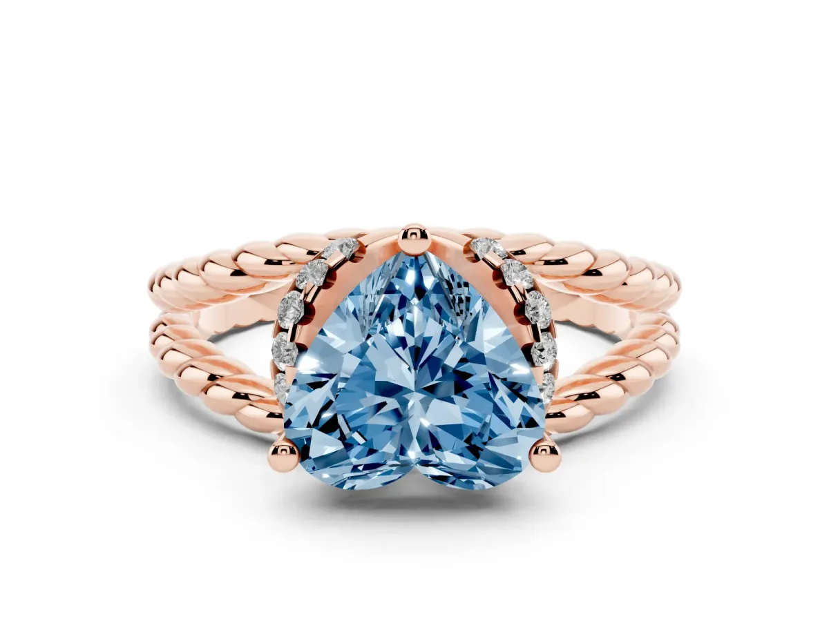 Fancy Blue Heart Cut Halo Twisted Band Four-Prong Ring Rose gold