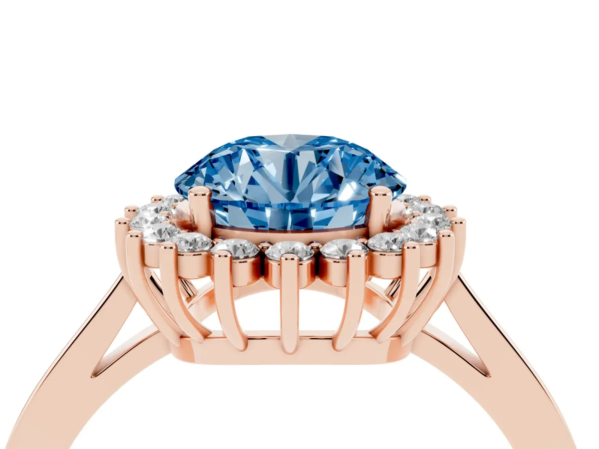 Fancy Blue Round Cut Cut Diamond Halo Ring with Round Brilliant Halo and Solitaire Band Rose gold