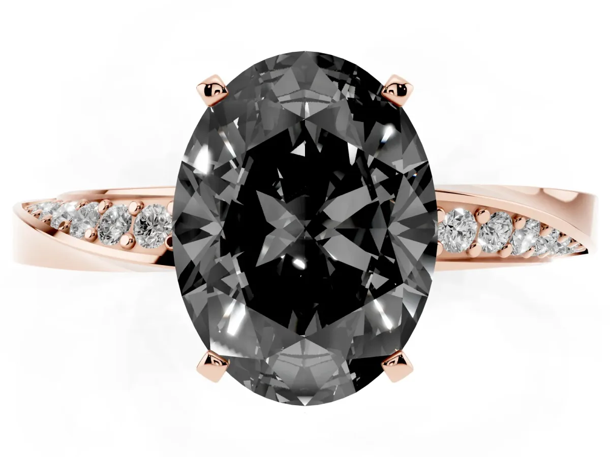 Fancy Black Oval Cut Diamond Engagement Ring with Side Stone Accents and Four-Prong Setting Rose gold