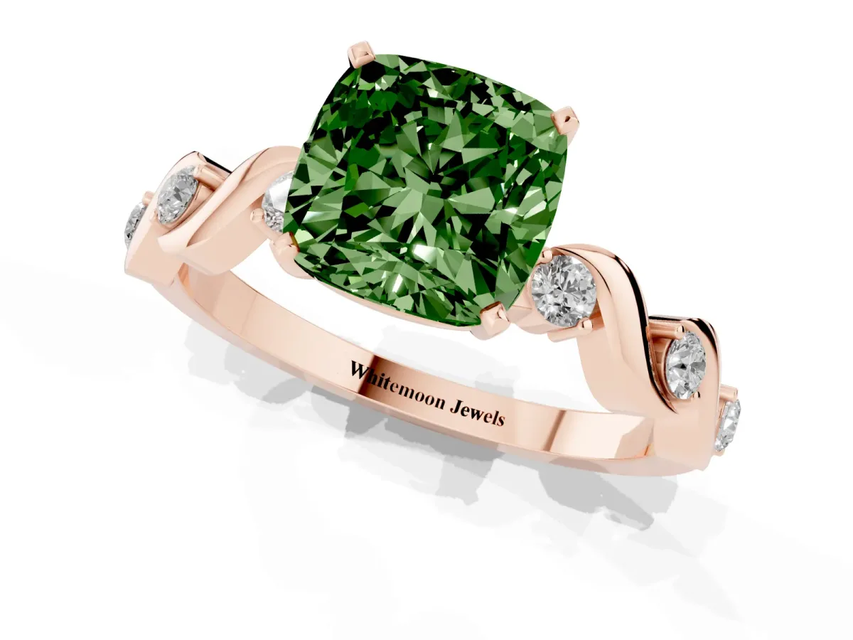 Fancy Green Cushion Cut Diamond Solitaire Twisted Band with Round Accents and Prong Setting Rose gold