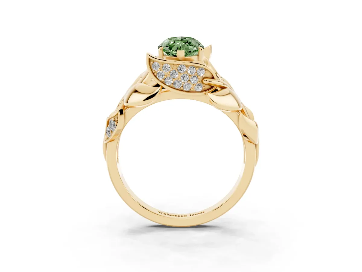 Fancy Green Marquise Cut Diamond Leaf-Inspired Engagement Ring with Round Accents and Prong Setting Yellow gold