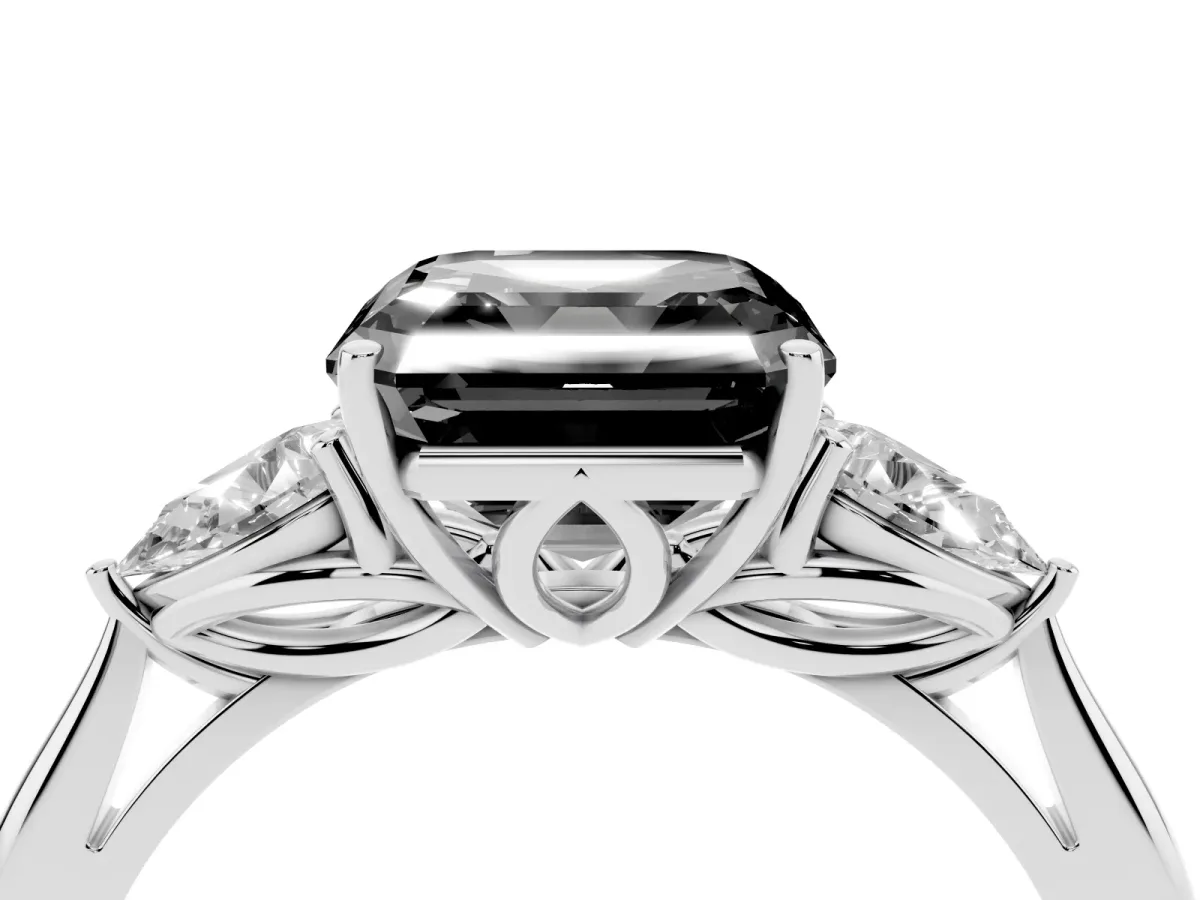 Fancy Black Asscher Cut Diamond Three-Stone Ring with Pear Side Stones and Prong Setting Silver