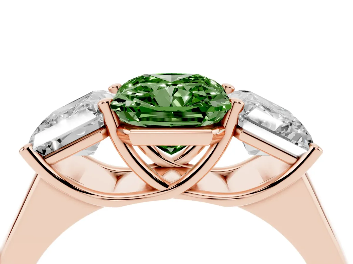Fancy Green Radiant Cut Three-Stone Diamond Ring with Prong Setting on a Classic Band Rose gold