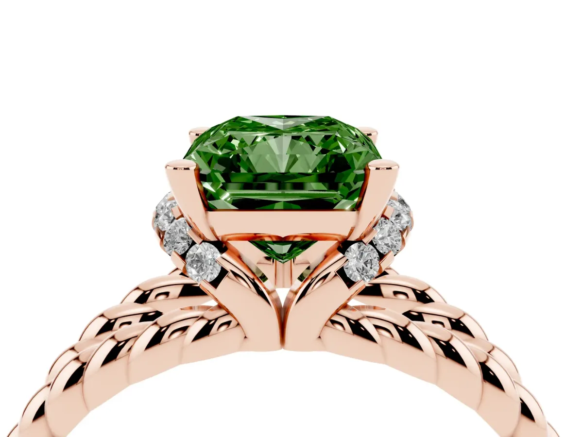 Fancy Green Radiant Cut Halo Twisted Band Four-Prong Ring Rose gold