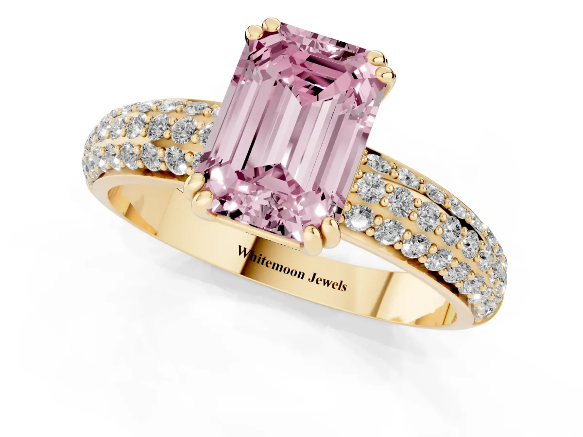 Fancy Pink Emerald Cut Diamond Solitaire Ring with Multi-Row Round Pavé Band and Prong Setting Yellow gold