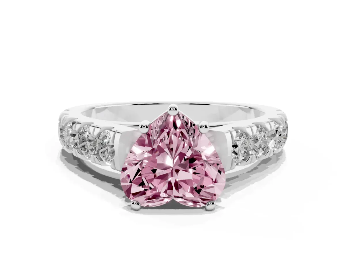 Fancy Pink Heart Cut Cut Diamond Solitaire Ring with Micro Pave Band and Prong Setting Silver