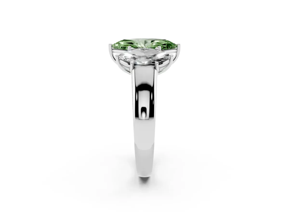 Fancy Green Three-Stone Marquise Cut Cut Diamond Ring with Prong Setting and Classic Band Silver