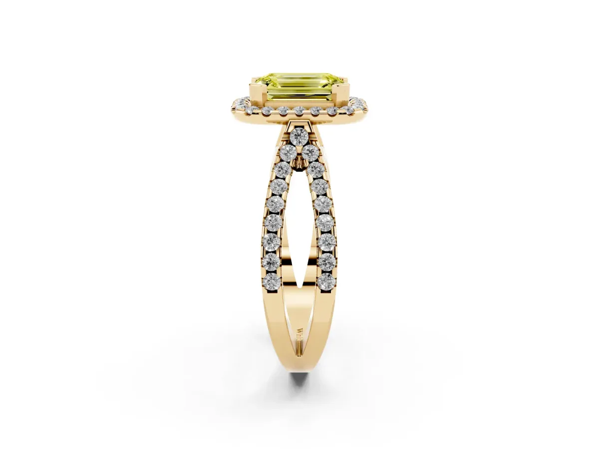 Fancy Yellow Emerald Cut Diamond Halo Ring with Split Shank Pavé Band and Prong Setting Yellow gold