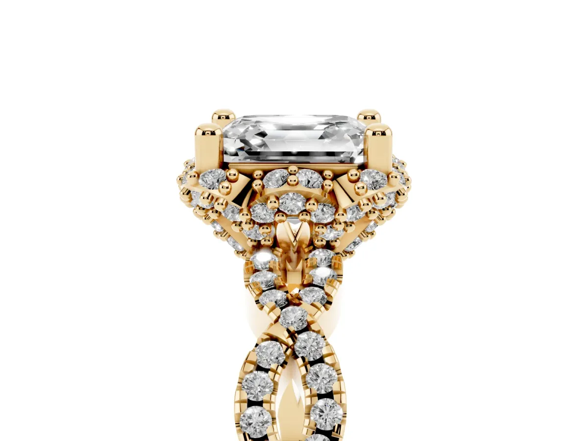 Asscher Cut Halo Twist Band Solitaire Ring with Six-Prong Setting Yellow gold