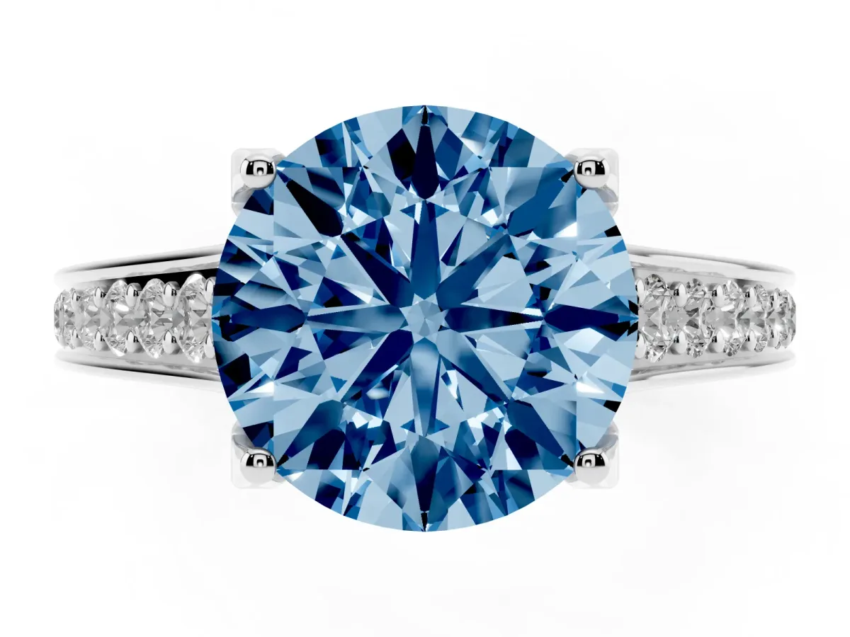 Fancy Blue Round Cut Brilliant Cut Diamond Engagement Ring with Pavé Band and Four-Prong Setting White gold