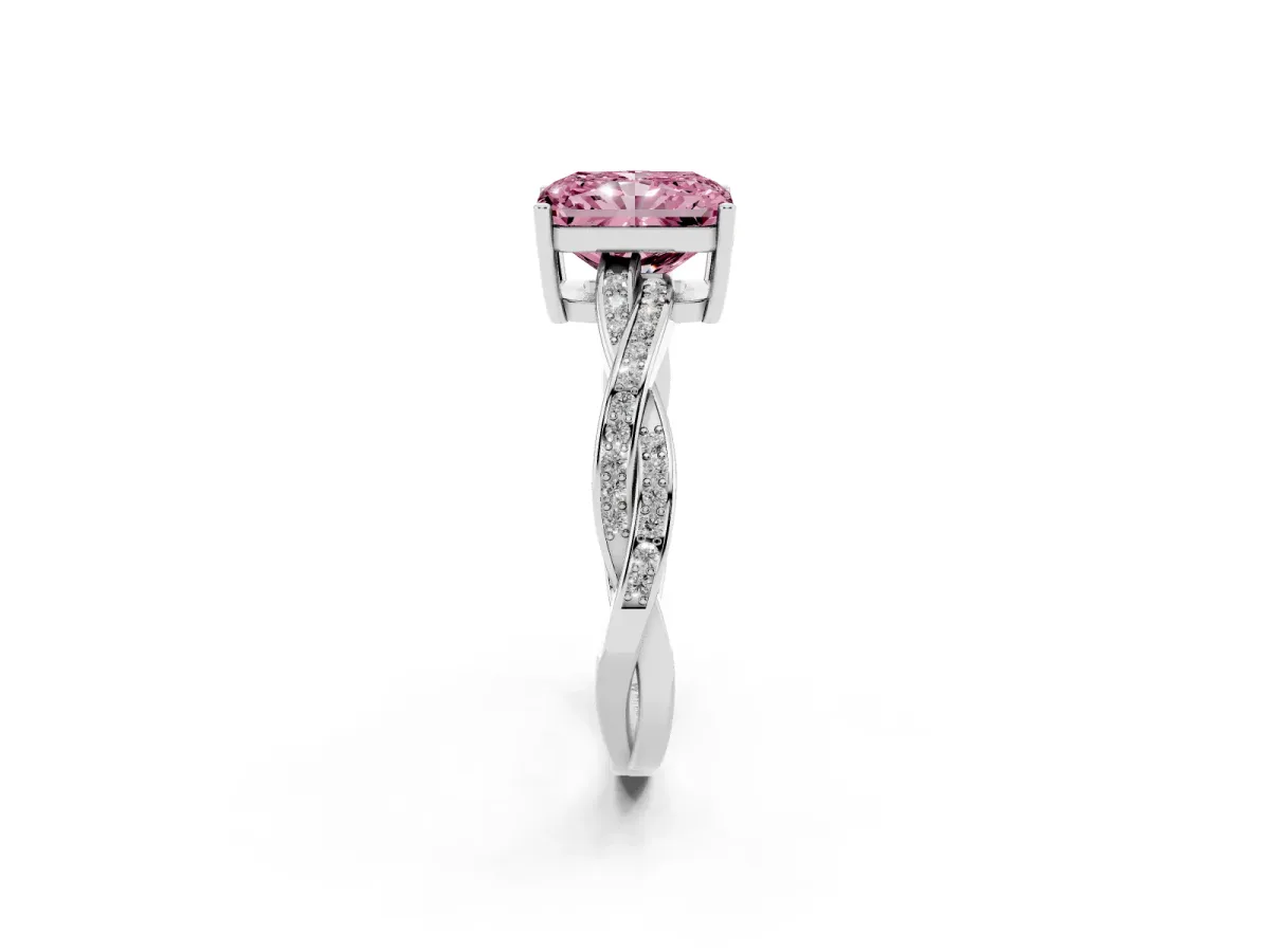 Fancy Pink Radiant Cut Solitaire Twisted Pave Diamond Ring with Four-Prong Setting Silver
