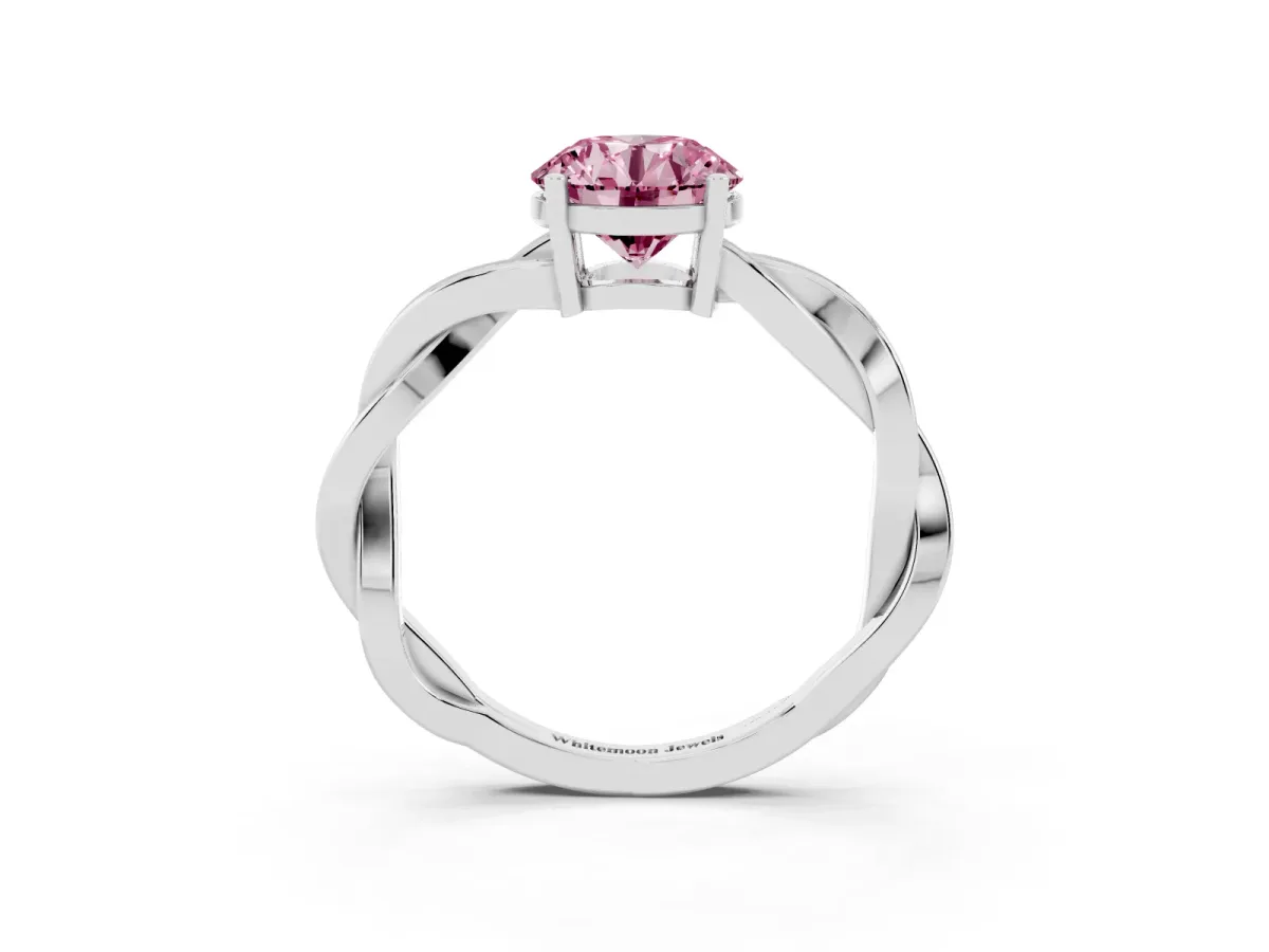 Fancy Pink Round Cut Solitaire Twisted Pave Diamond Ring with Four-Prong Setting White gold