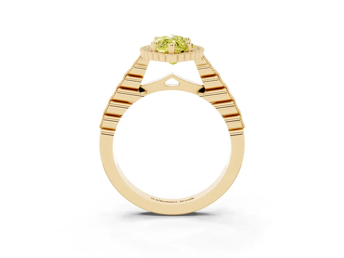 Fancy Yellow Marquise Cut Cut Halo Pavé Solitaire Ring with Milgrain Band Yellow gold
